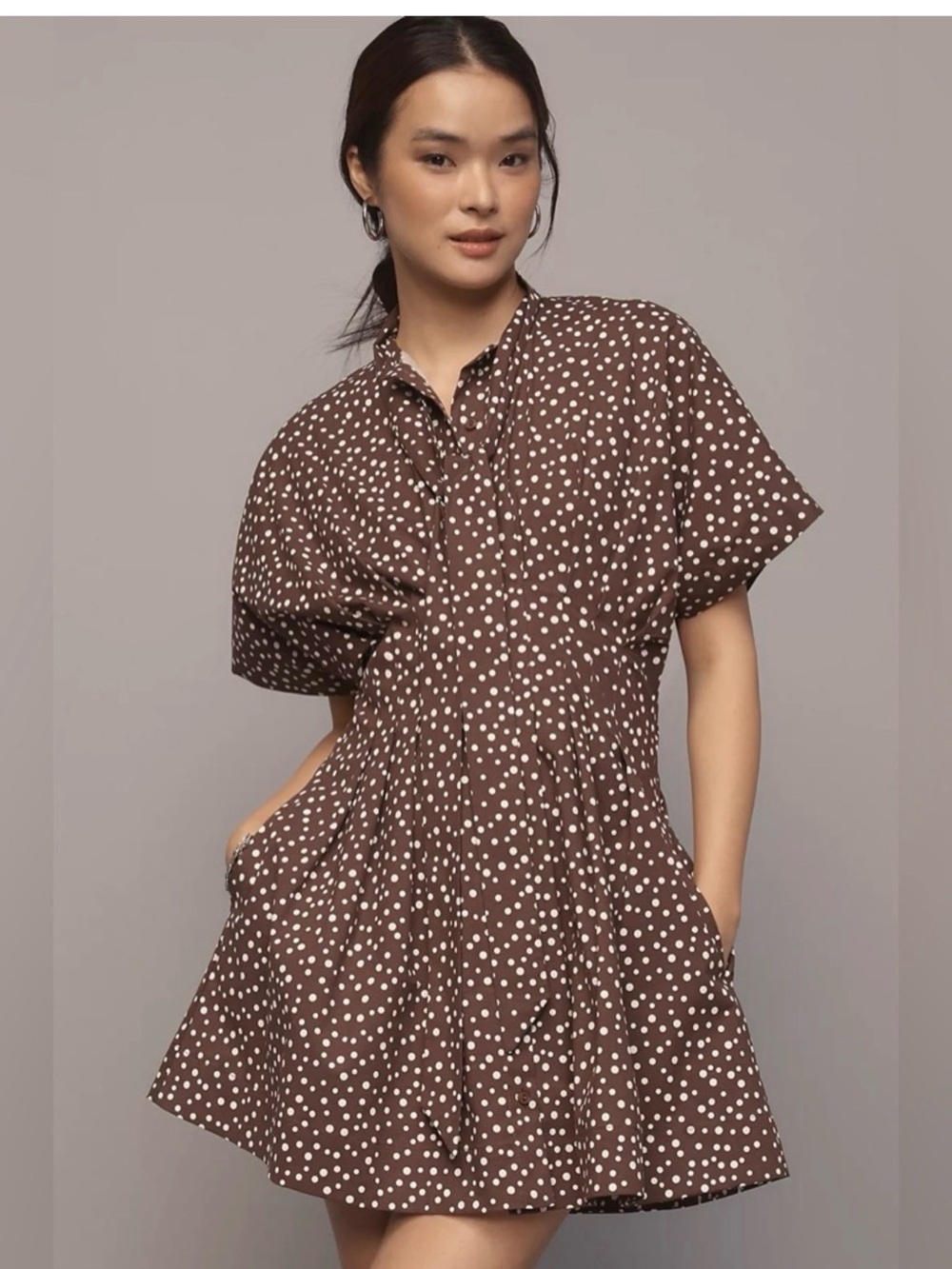 Anthropologie Exquise Tobie Brown Polka Dot Short-Sleeve Dress - Brown - Size M